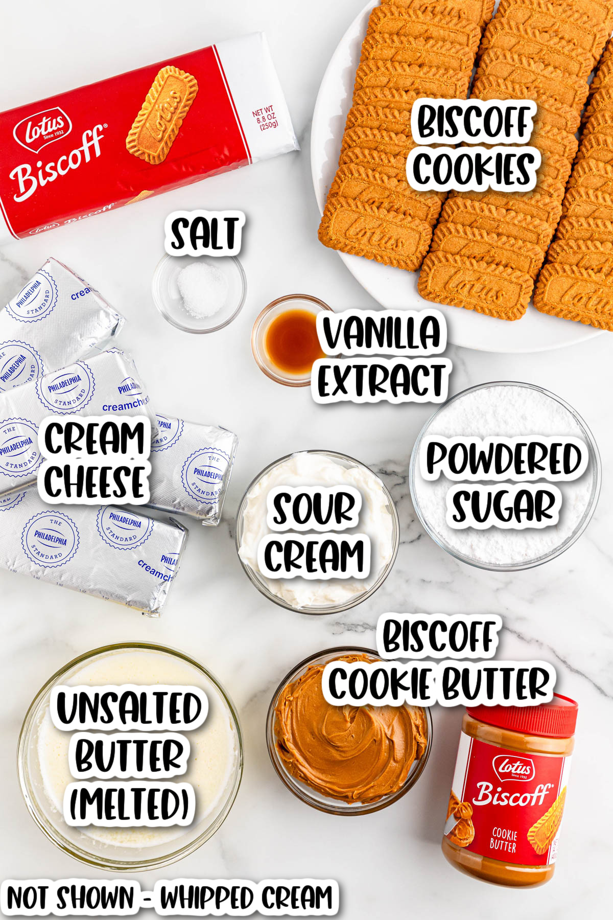 A list of ingredients for Biscoff cheesecake