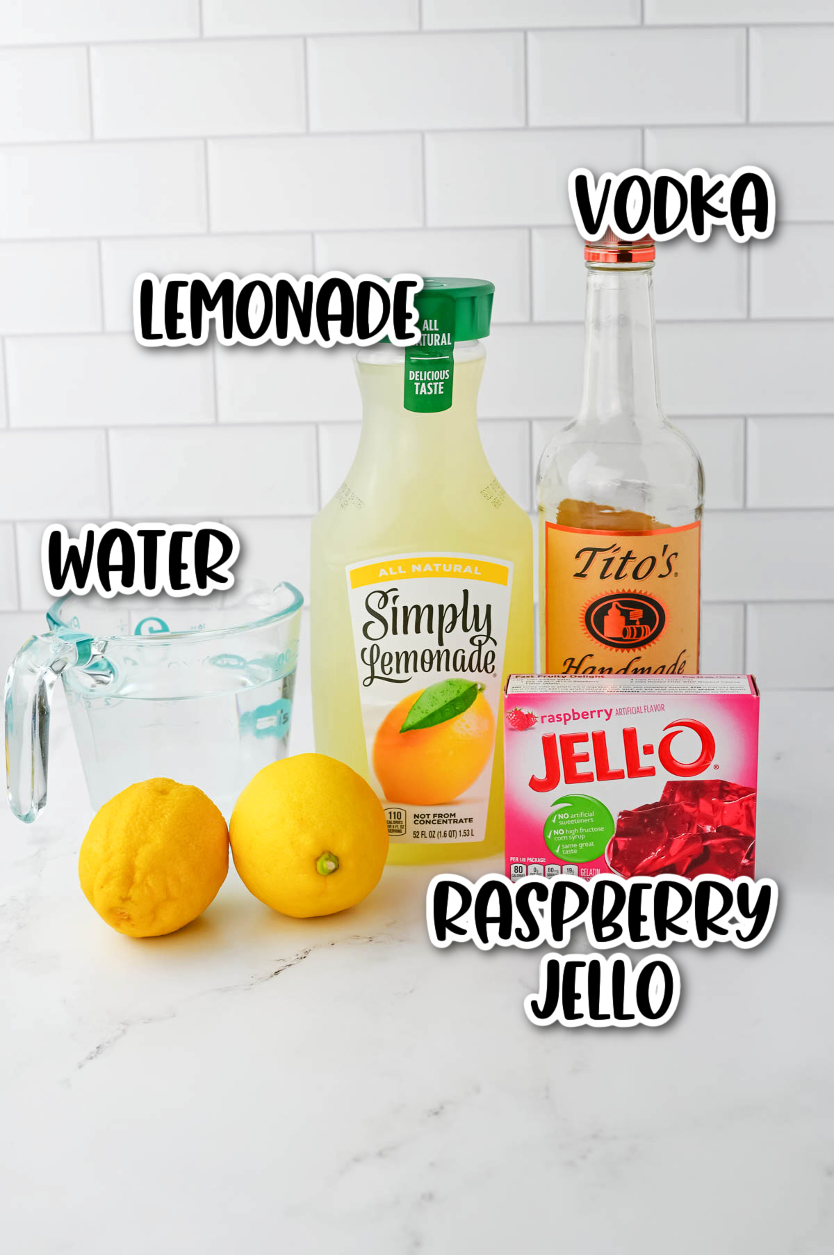 The ingredients for a raspberry lemonade.