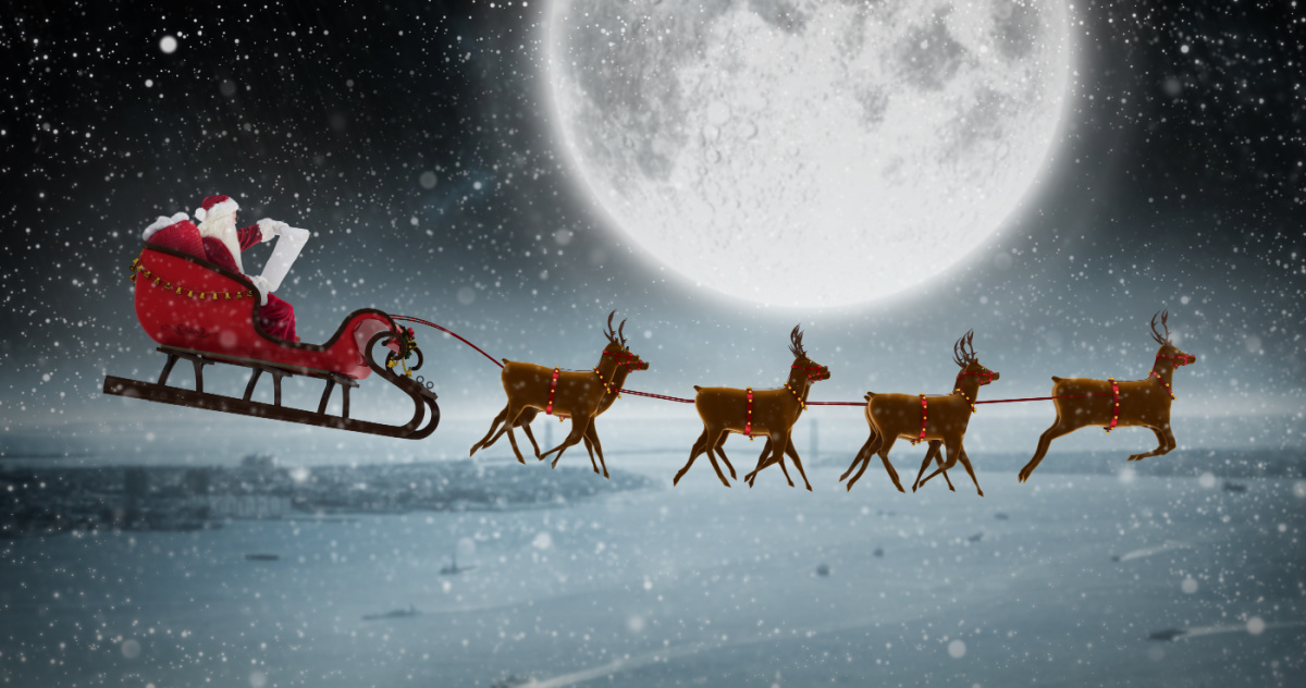 Santa claus and his reindeer flying over the moon.