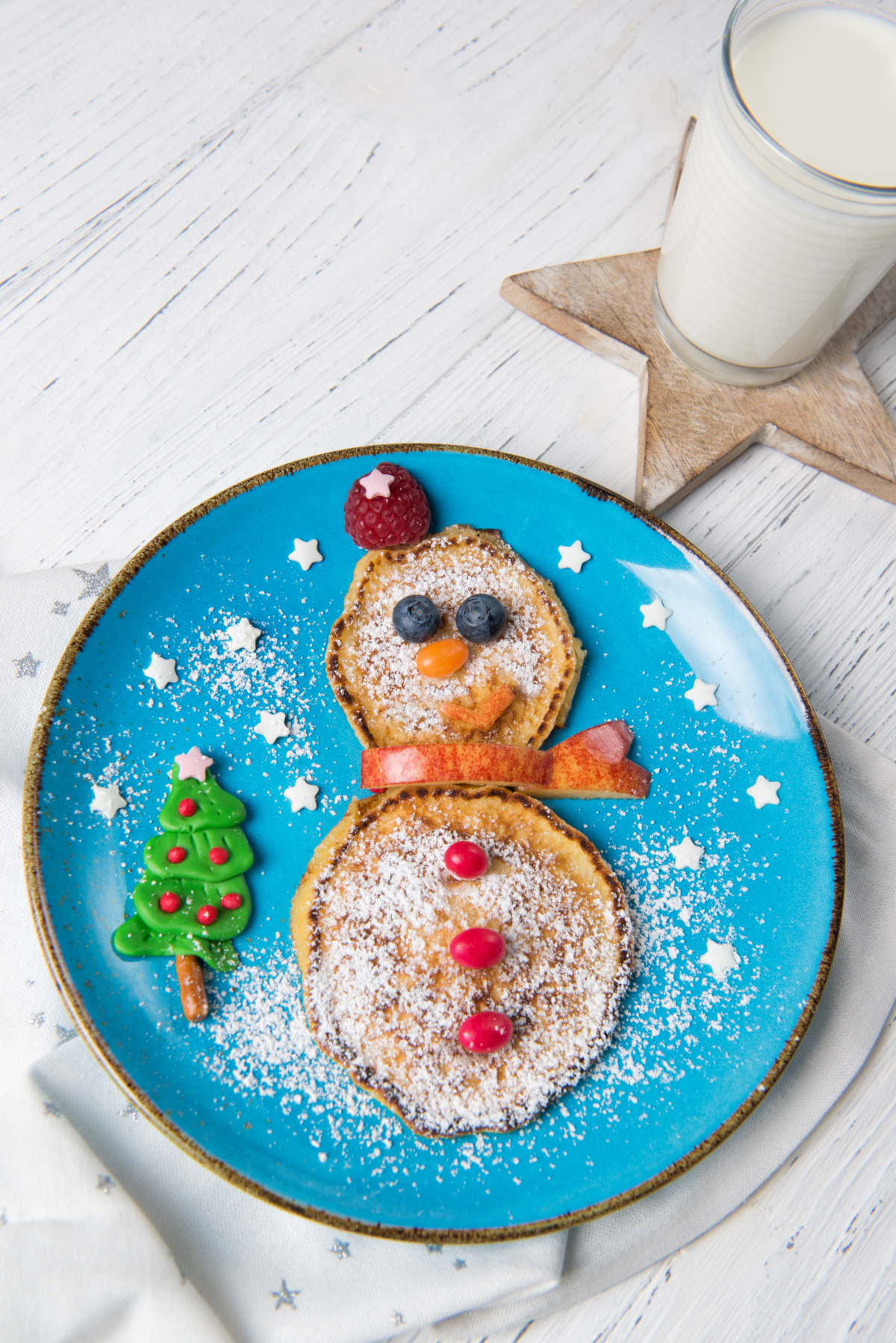 A plate of snowman pancakes with a blue background