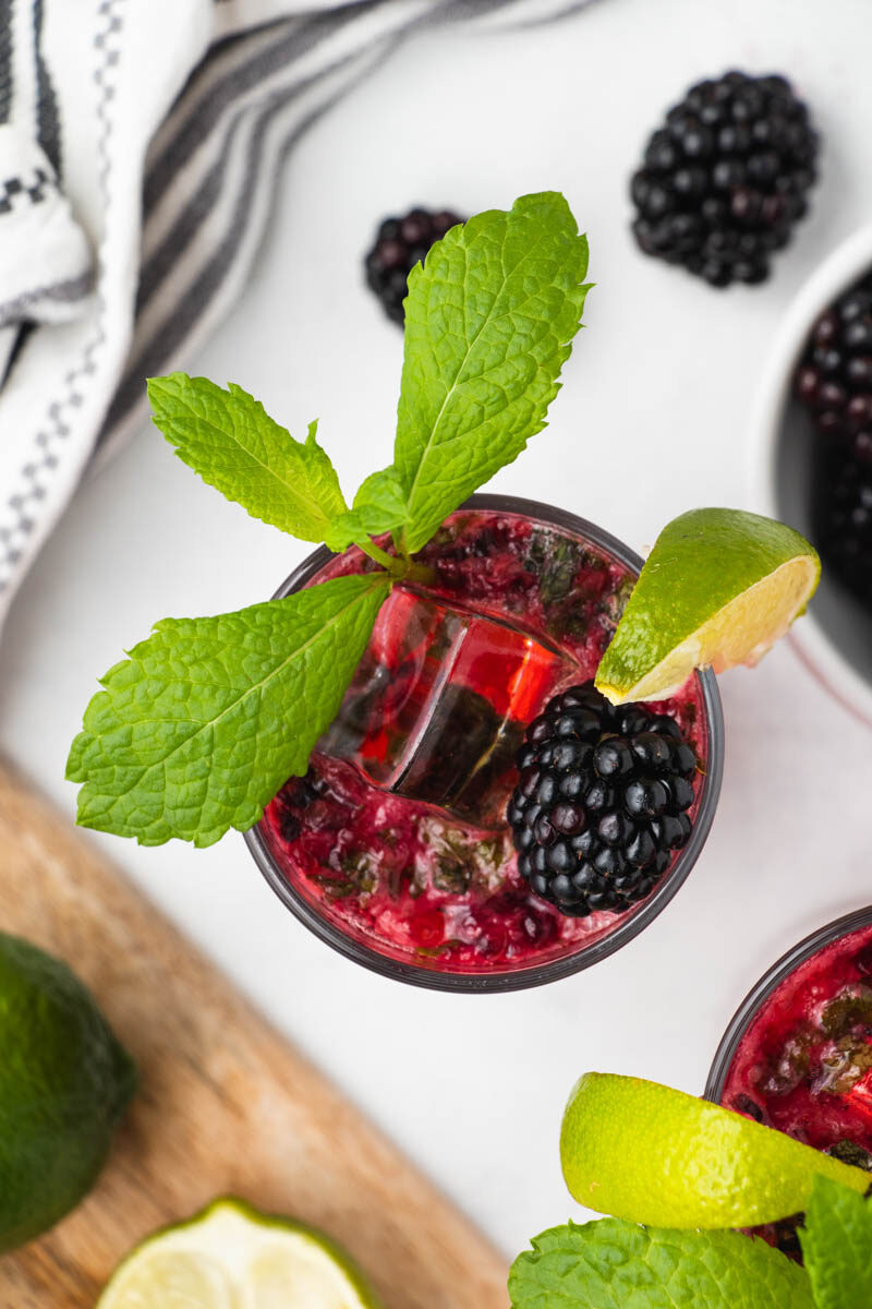 Blackberry mojito with lime and mint.