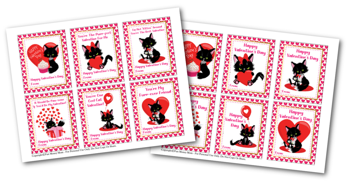 Printable Cat Valentine's Day cards for kids with blank background