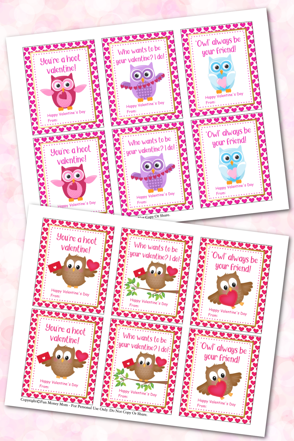 Printable valentine Valentine's Day cards with owls on pink background