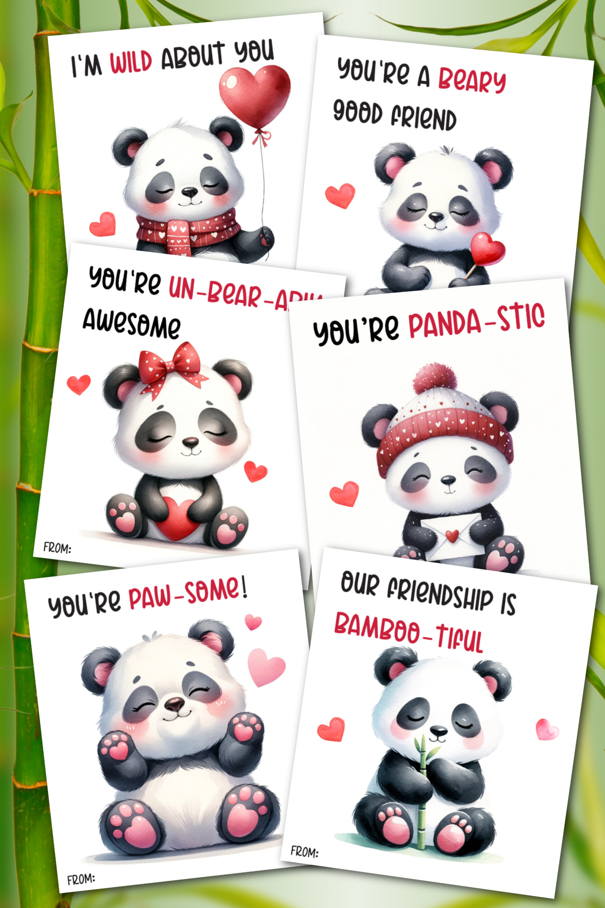 Panda valentine cards on bamboo background
