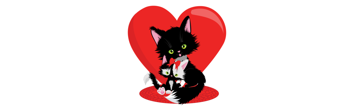 A black cat is holding a red heart.