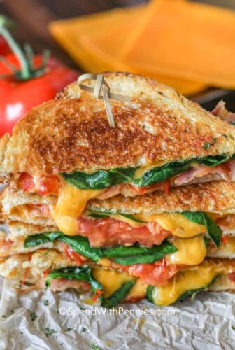 A stack of grilled sandwiches with tomatoes and cheese.