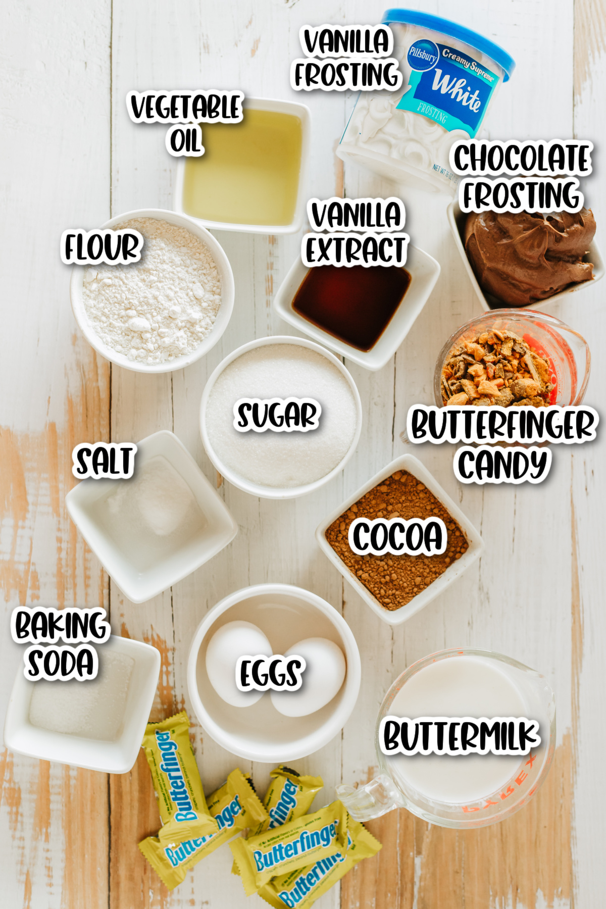 A list of ingredients for a Butterfinger cake