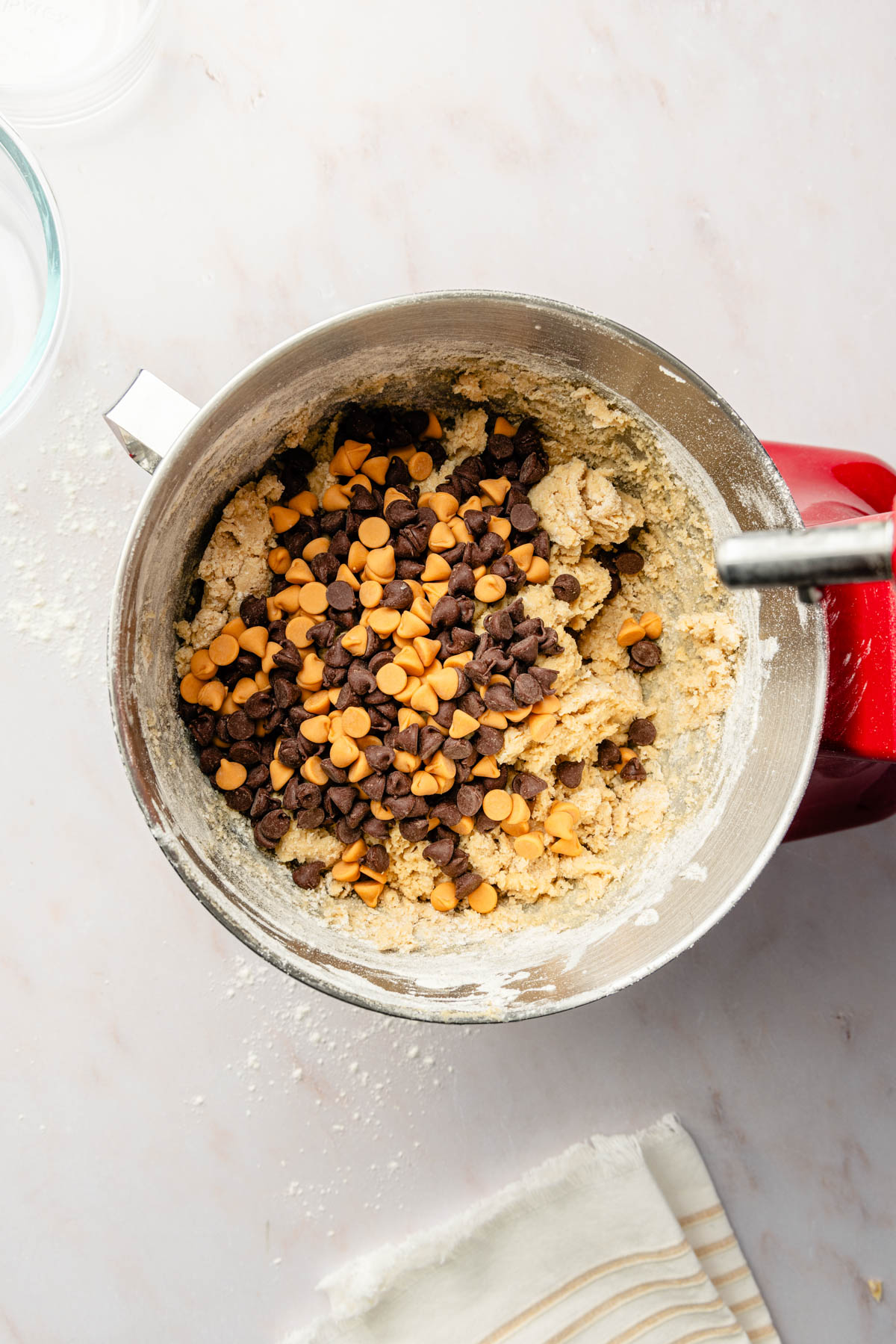 Butterscotch chocolate chip cookie dough in a mixing bowl.
