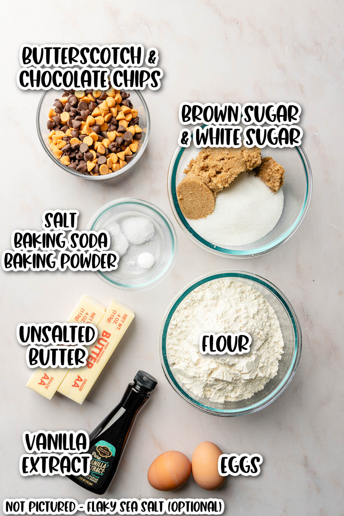 Ingredients for chocolate chip butterscotch cookies