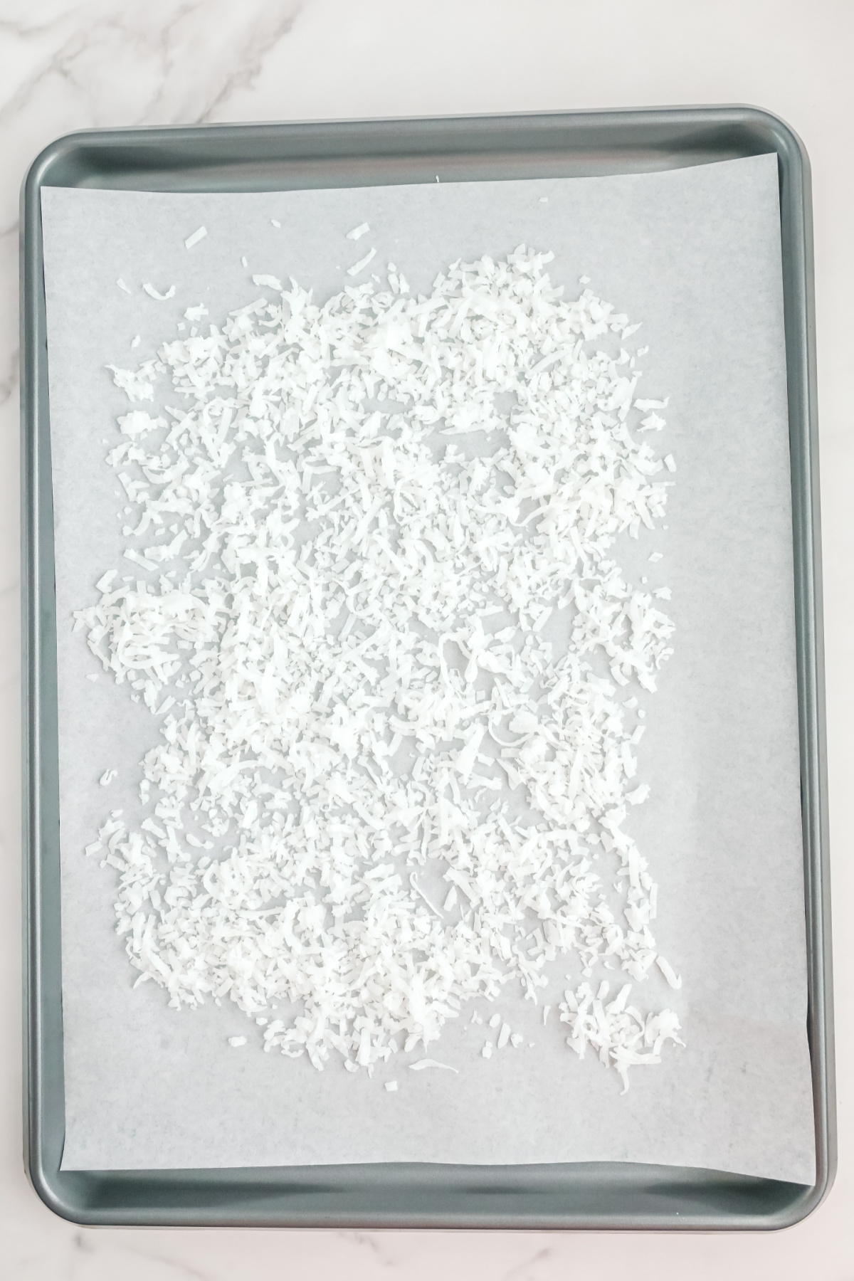 Coconut flakes on a baking sheet.
