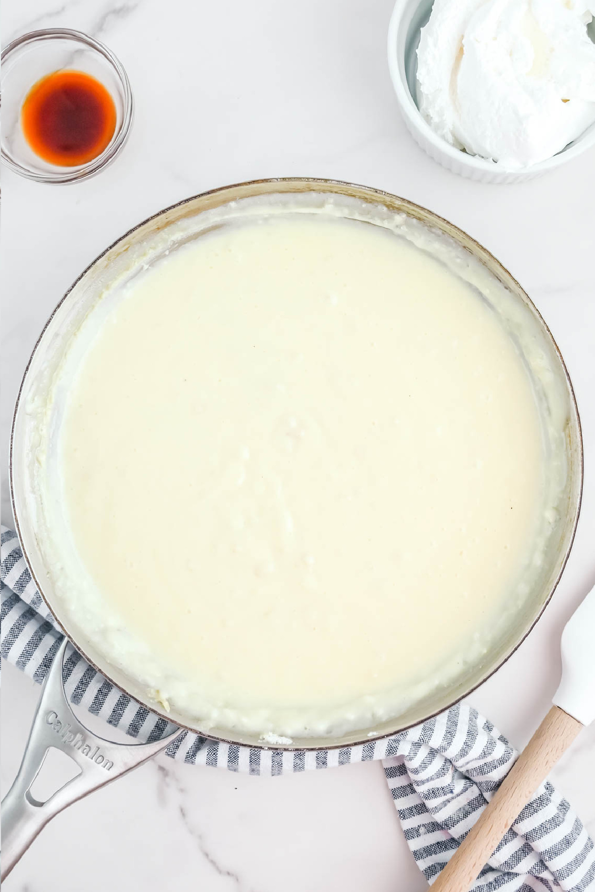 A pan with ingredients for coconut cream pie