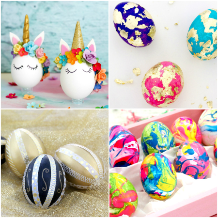 A collage of easter eggs with different designs and colors.
