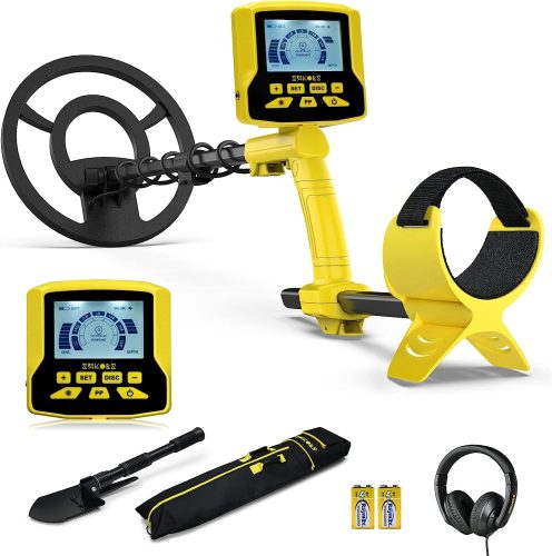 A yellow handheld metal detector with accessories including headphones, a carrying case, and batteries.
