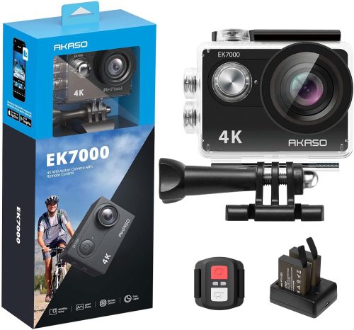 Action camera with accessories and packaging.