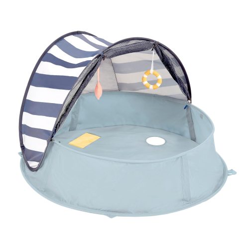 Portable baby pool with sunshade and toys.