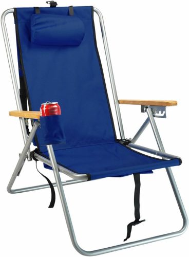 Blue folding beach chair with a cup holder and wooden armrests.