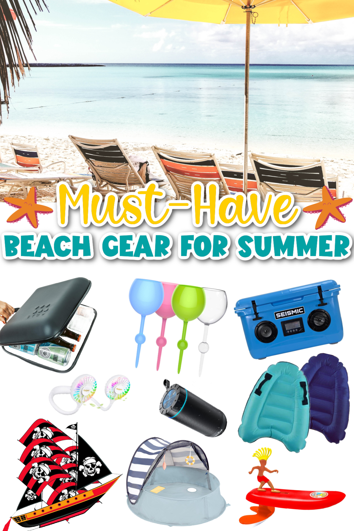 Promotional collage of various beach gear items for summer, with a tropical beach backdrop.