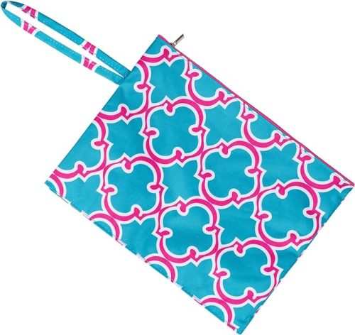 Blue and pink patterned fabric pouch with a zipper and wrist strap.