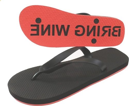 A pair of flip-flops, one upside down revealing the text "bring wine".