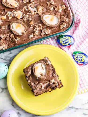Chocolate easter egg brownies on a plate.