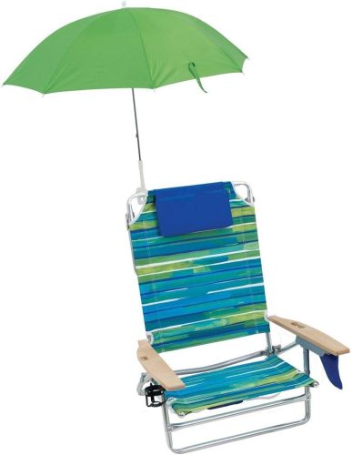 Striped beach chair with a green umbrella and a blue headrest.