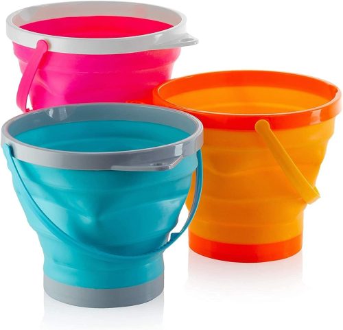 Collapsible silicone buckets in bright colors.