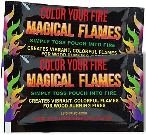 Two packages of "color your fire" flame colorant for wood-burning fires, advertising vibrant, colorful flames.