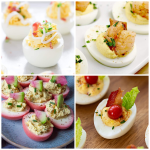 A collage of four images showcasing different varieties of deviled eggs garnished with toppings such as bacon, herbs, shrimp, and avocado.