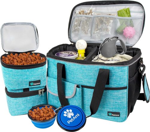 A set of turquoise pet travel bags with various pet supplies, including a food container, a water bottle, a bowl, and toys.