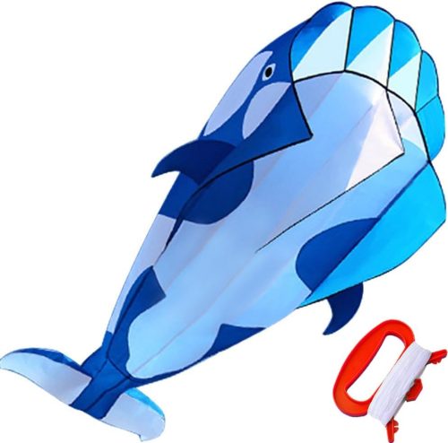 A blue and white whale-shaped kite with an attached reel handle.