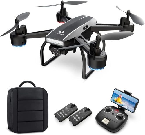 Quadcopter drone with remote control, smartphone holder, and carry case.