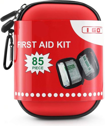 Red 85-piece first aid kit with zipper enclosure.