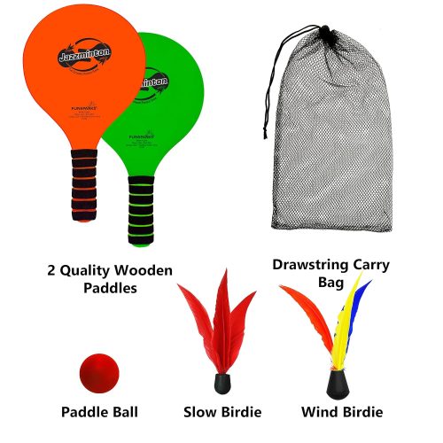 Beach paddle ball set with two wooden paddles, one ball, two types of birdies, and a mesh drawstring carry bag.