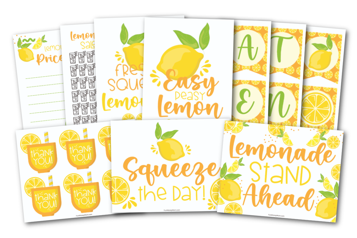 A collection of lemon-themed printables for a lemonade stand