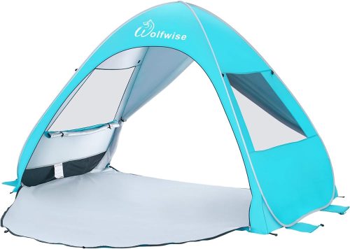 Blue and gray pop-up beach tent on a white background.