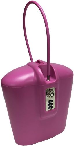 A pink portable safe with a combination lock and carrying handle.