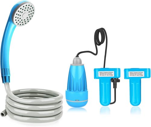 Portable outdoor shower kit with showerhead, hose, water pump, and filter system.