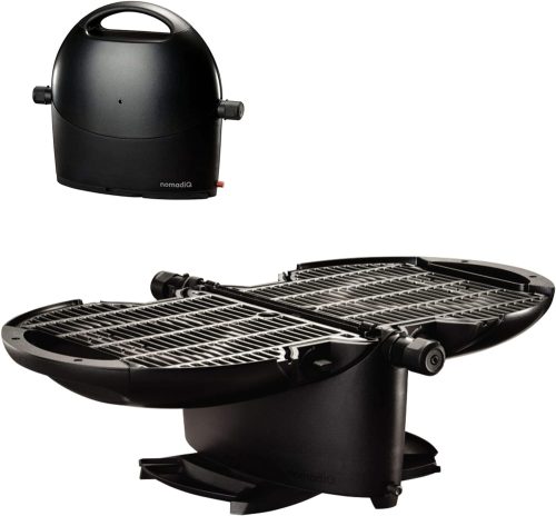 Portable charcoal grill closed and open.