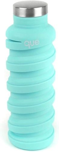 Collapsible light blue silicone water bottle with stainless steel cap.