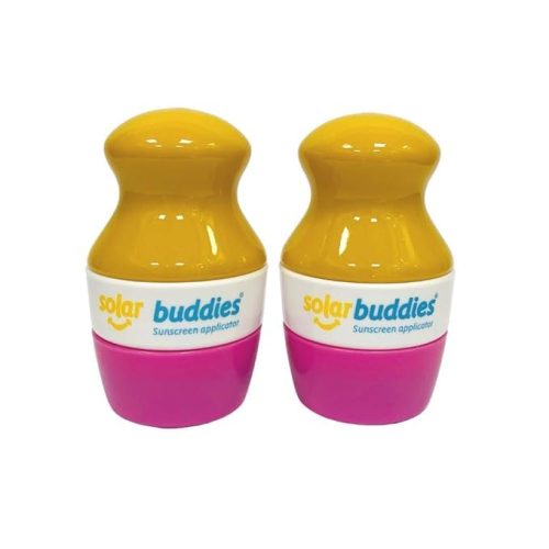 Two solar buddies sunscreen applicators with yellow caps and pink bottoms on a white background.