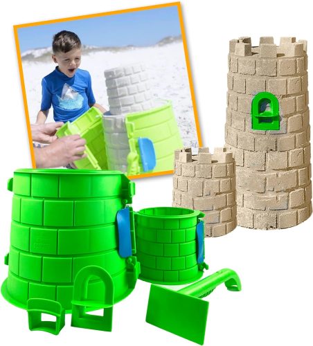 A child joyfully plays with a sandcastle building kit at the beach, with examples of a molded castle structure showcased.