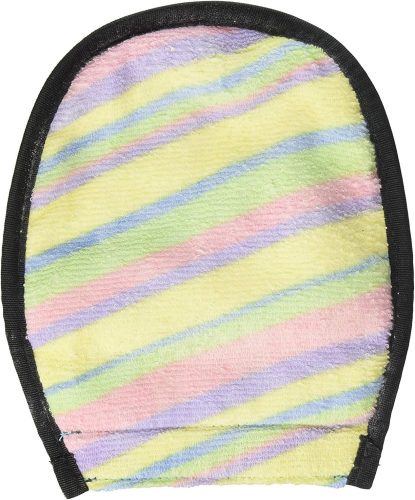 Multicolored striped sand removal mitt.