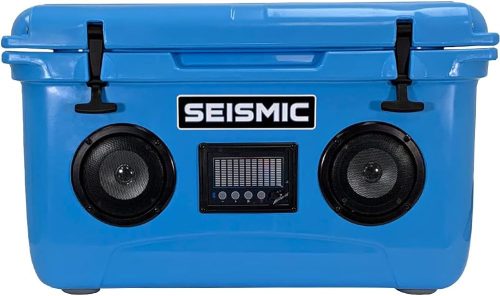 Blue portable cooler with built-in speakers and radio.