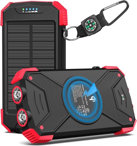 Solar-powered portable battery pack with compass attached.