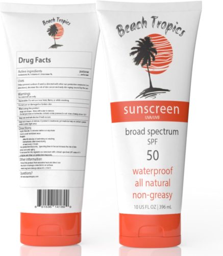 Two tubes of beach tropics sunscreen with broad-spectrum spf 50 protection, waterproof and non-greasy formula, 10 fl oz (296 ml) each.