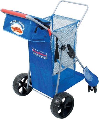 Blue tommy bahama beach cart with large wheels and an attached umbrella holder.
