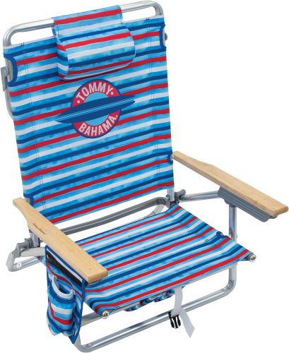 A blue and red striped tommy bahama beach chair with wooden armrests.