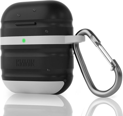 Black portable wireless earphones case with a carabiner attached.