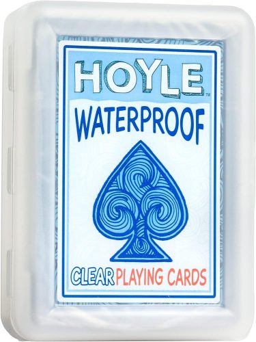 A pack of hoyle waterproof clear playing cards in a protective case.