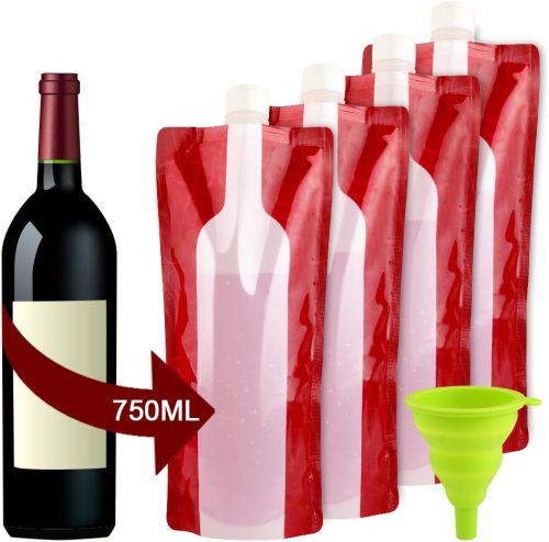 Wine bottle alongside multiple reusable wine pouches and a funnel, indicating a method to transfer wine from the bottle to the pouches.